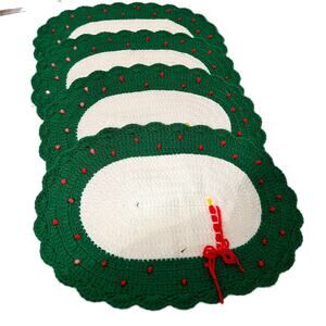 Handmade Crocheted Green White & Red Christmas Placemats Doily Set of 4